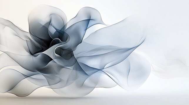 An abstract composition featuring flowing, translucent forms resembling smoke or fabric in shades of blue and grey, set against a clean white background.