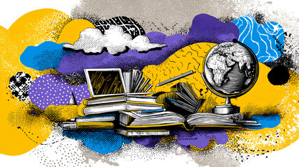 Trendy education concept halftone collage elements set. Back to school stationery paper cut outs, student, laptop, book, pencil, Earth globe. Modern retro vector illustration for mixed media design