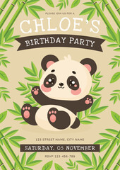 Cute Panda Bear Kids Birthday Party Invitation Card Bamboo Frame.