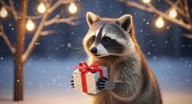 Adorable raccoon holding a festive christmas gift box with a red ribbon in a snowy winter forest with fairy lights