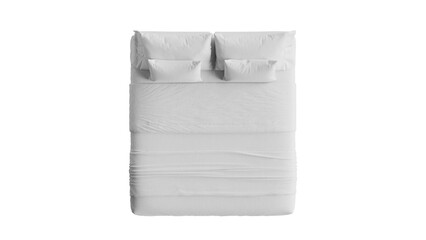 Top view of a white double bed blanket and pillows on an isolated background.