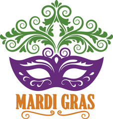 Mardi gras carnival mask and crown icon with festive design.