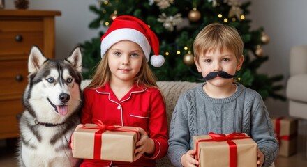 Children with husky dog holding Christmas gifts in front of tree — ideal for holiday, family and pet content.