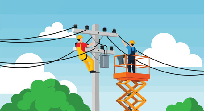 Linemen working on high voltage power lines with aerial lift equipment