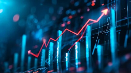 Digital financial graph showing an upward trend with glowing blue bars and a red arrow indicating growth and success in the stock market. - Powered by Adobe