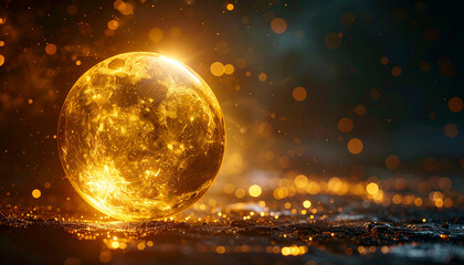 Mystical golden orb glowing brilliantly against a dark background, radiant magical sphere, ethereal light