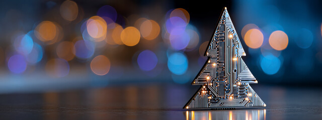 Circuit board tree stands against bokeh background. Happy holidays, tech style.