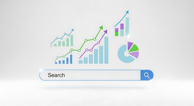 A search bar hovers above a white surface, adorned with vibrant graphs and charts, symbolizing data analysis and growth, set against a clean, minimalist background isolated on white background