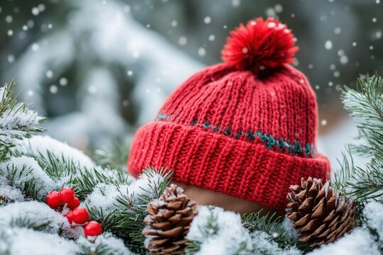 red winter hat with a bobble on top, nestled among snow-covered pine branches and evergreen leaves, blurred background, atmosphere of joy during the christmas season, holiday-themed designs