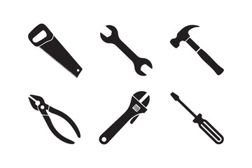 Collection of silhouetted hand tools on a white background