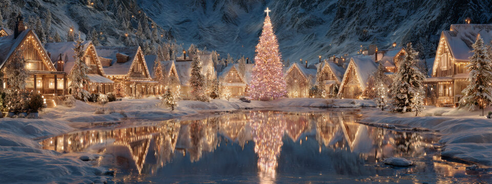 Winter wonderland village adorned with holiday lights by a calm, blue lake