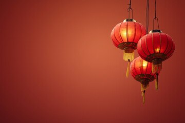 Chinese Lanterns hanging on red backdrop with copy space for Fire Horse Chinese New Year 2026 modern minimalist theme