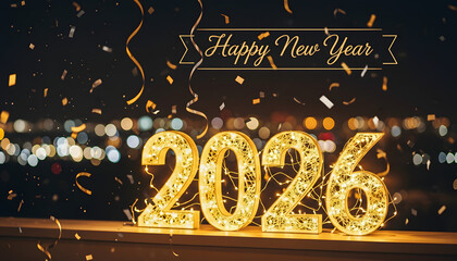 Golden 2026 illuminated numbers and confetti, celebrating the arrival of the New Year with a festive bokeh background
