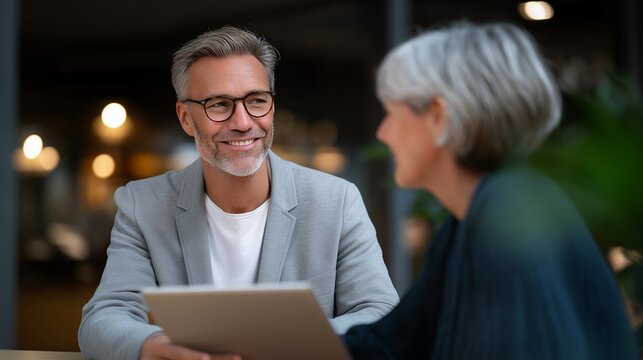 Attorney and client sitting across a modern desk, reviewing digital contracts on a tablet with relaxed, open body language — a warm, trust-driven composition illustrating communication, - Powered by Adobe