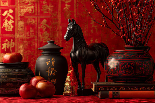 Chinese Still Life with black horse statue and red gold background for Fire Horse Chinese New Year 2026 symbolic decor
