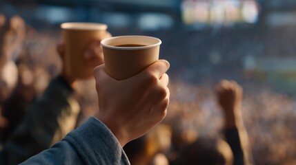 Close-up of steaming coffee cups and clenched fists as the crowd erupts into cheers — authentic energy of passion, tradition, and connection that unites fans worldwide during football’s biggest
