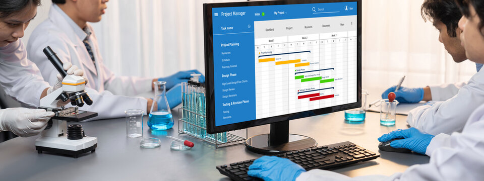Project planning software for brisk business project management on the computer screen showing timeline chart of the team project