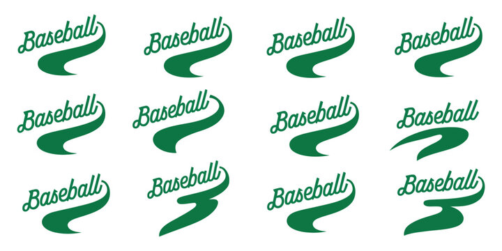 Baseball swoosh font vector set, underline curve swash text tails, vintage brush wave and swirl ornaments, curly alphabet letters, varsity stroke decorations, typography graphic design elements