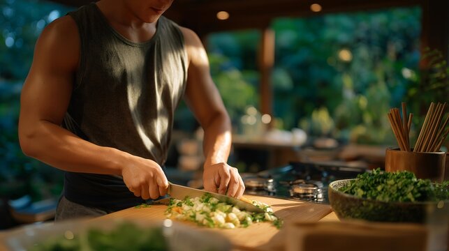 Morning beams illuminating an eco-home kitchen where a person slices fresh produce near compost bin and bamboo utensils — everyday sustainable routines and modern green home aesthetics. cinematic - Powered by Adobe