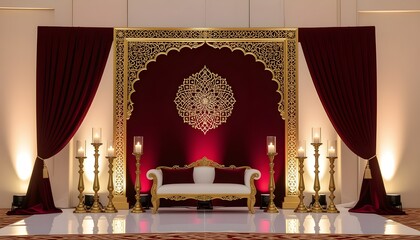 Pakistani Barat stage with deep maroon velvet backdrop, gold motifs, and candle stands