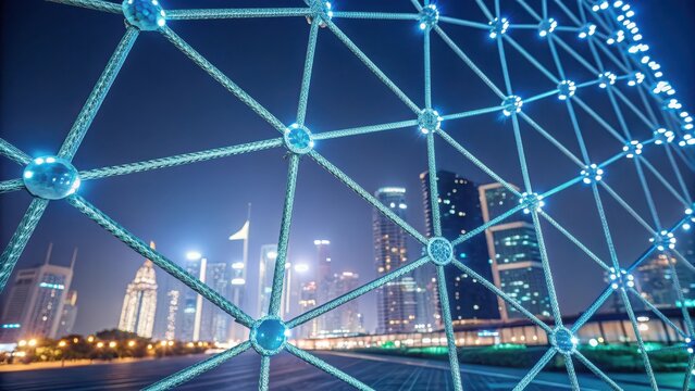 A digital network structure overlaid on a modern city at night