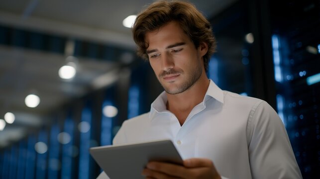 Engineer walking between rows of LED server racks holding a tablet displaying system diagnostics — advanced IT maintenance, cybersecurity monitoring, and enterprise data management. cinematic color