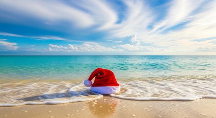 Santa hat on tropical beach at sunset, holiday vacation getaway