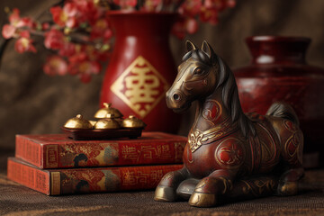 Fototapeta premium Chinese Still Life with sitting horse sculpture, flowers, and books for Fire Horse Chinese New Year 2026 prosperity
