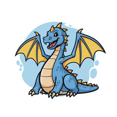 Cartoon Blue Dragon with Yellow Wings and Spikes Illustration.