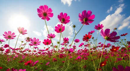 Obraz premium Vibrant pink cosmos flower field under clear blue sky with sunburst