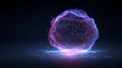 Vibrant 3d sphere of purple and blue waves and glowing particles. Abstract technology concept, Artificial Intelligence, engineering, big data, machine learning. Glowing energy orb on black.