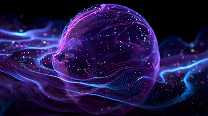 Vibrant 3d sphere of purple and blue waves and glowing particles. Abstract technology concept, Artificial Intelligence, engineering, big data, machine learning. Glowing energy orb on black.