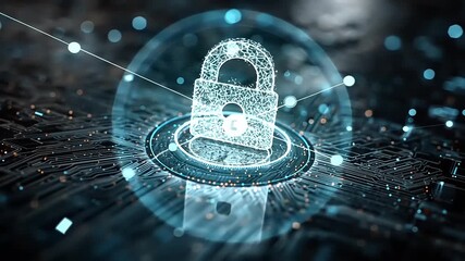 Digital security concept featuring a glowing padlock within a network of interconnected data - Powered by Adobe