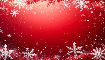 Marco decorativo rojo de copos de nieve blancos alrededor de todo el borde, con diferentes tamaños y diseños, creando un efecto helado y festivo. Pequeñas partículas de nieve dispersas por el fondo.