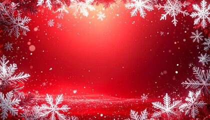 Marco decorativo rojo de copos de nieve blancos alrededor de todo el borde, con diferentes tamaños y diseños, creando un efecto helado y festivo. Pequeñas partículas de nieve dispersas por el fondo.