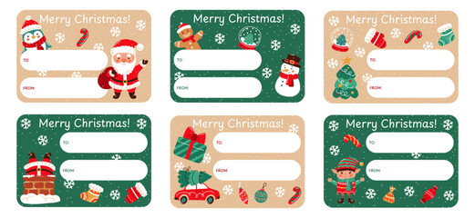 Set of blank templates for Christmas personalized gift labels and stickers. Design "from and to." Santa Claus and snowman, Christmas tree and elf, sock and mitten. Vector illustration.