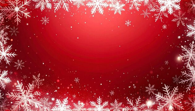 Marco decorativo rojo de copos de nieve blancos alrededor de todo el borde, con diferentes tama&ntilde;os y dise&ntilde;os, creando un efecto helado y festivo. Peque&ntilde;as part&iacute;culas de nieve dispersas por el fondo.