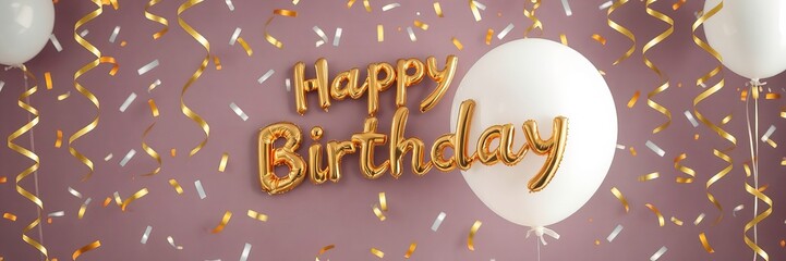 Golden happy birthday balloon letters amidst confetti and white balloons create a festive atmosphere against a light purple backdrop for celebration decor (150)