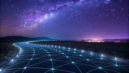Connected network of digital pathways under a starry night sky