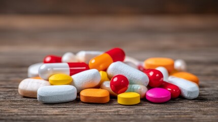A collection of various pills and capsules in bright colors is spread across a rustic wooden table. Soft natural light enhances the vibrant hues, creating an inviting atmosphere