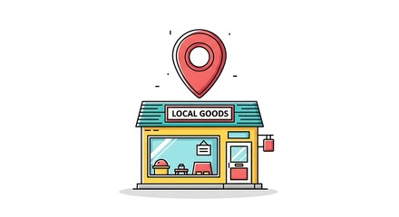 Illustration of a local goods store with a map pin above, isolated on white background, showcasing small business and community shopping with a modern, minimalist design