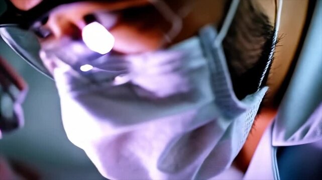 Close-up of Scientist Examining Sample Under Microscope in Lab.