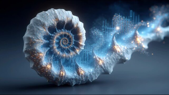 Large blue spirally glowing crystal object with fibonacci sequence overlay in abstract spiral design concept. Fibonacci Spiral Crystal &ndash; Animated Video Version