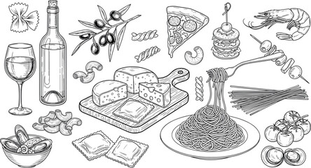 A delectable black and white sketch of gourmet foods for culinary and gastronomy themes