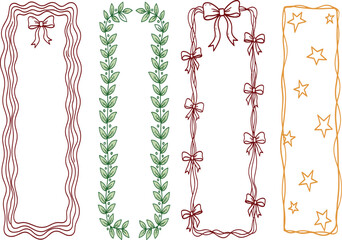 A collection of four hand-drawn decorative vertical frames featuring ribbons, bows, leafy vines, and stars, perfect for invitations or announcements