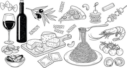 A Diverse Italian Food Still Life with Pasta, Wine, and Seafood