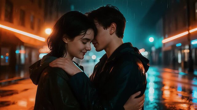  Pareja abrazándose y riendo bajo la lluvia en una calle de la ciudad por la noche