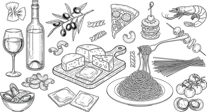 A delectable black and white sketch of gourmet foods for culinary and gastronomy themes