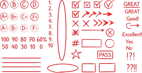 Comprehensive set of red evaluation and grading marks, including academic scores, checkmarks, crosses, arrows, and various feedback symbols, essential for educational assessments