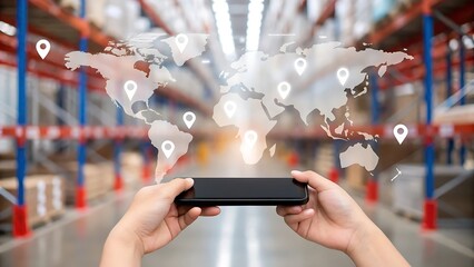 Hands holding smartphone with global map in warehouse